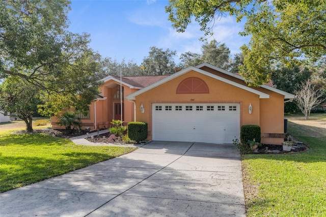 ranch-style home featuring a garage and a front yard