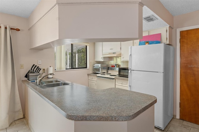 kitchen with sink, white appliances, a textured ceiling, white cabinets, and kitchen peninsula