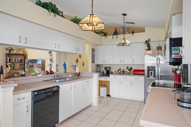 kitchen with white cabinetry, sink, decorative light fixtures, and dishwasher