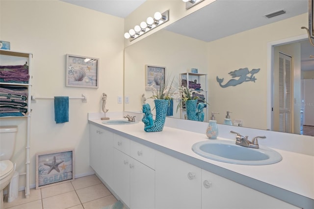 bathroom with vanity, toilet, and tile patterned flooring