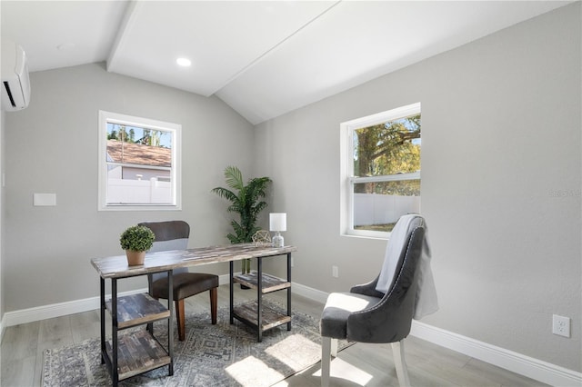 office with lofted ceiling, plenty of natural light, an AC wall unit, and wood-type flooring