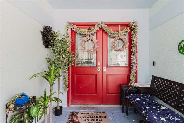 5771 Catskill Rd, Holiday, FL 34690 - doorway to property with stucco siding