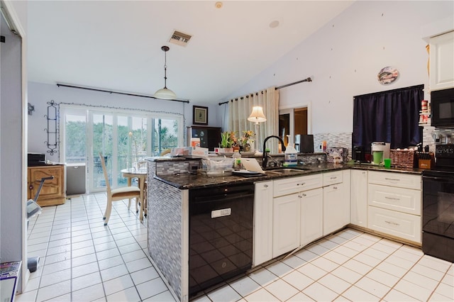 5771 Catskill Rd, Holiday, FL 34690 - kitchen featuring white cabinets, visible vents, vaulted ceiling, black appliances, and a sink