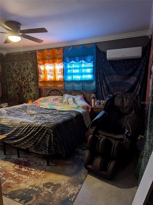 bedroom with crown molding, concrete floors, an AC wall unit, and ceiling fan