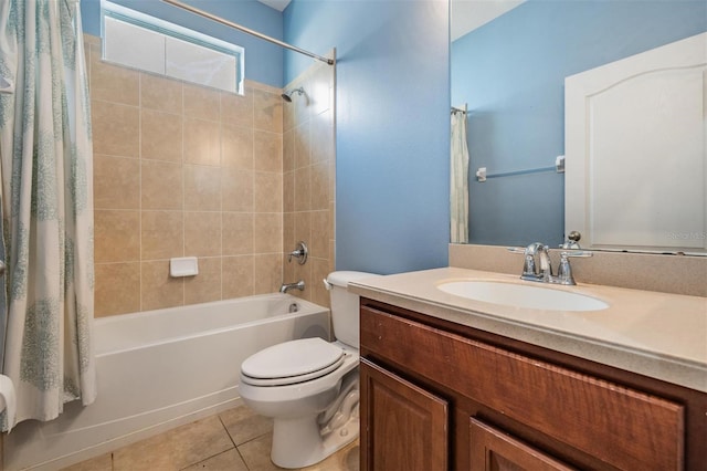 full bathroom with shower / bath combo, vanity, toilet, and tile patterned floors