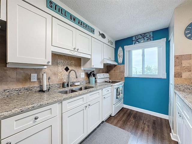 kitchen with sink, white cabinetry, dark hardwood / wood-style flooring, white electric stove, and light stone countertops