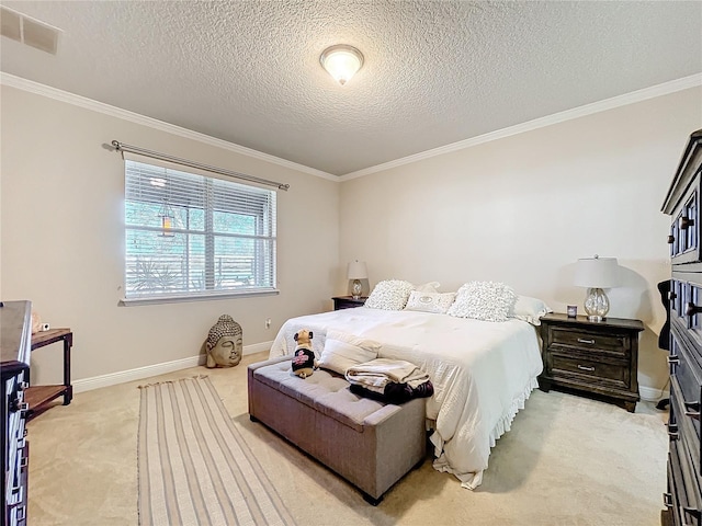 bedroom with ornamental molding, visible vents, and light colored carpet