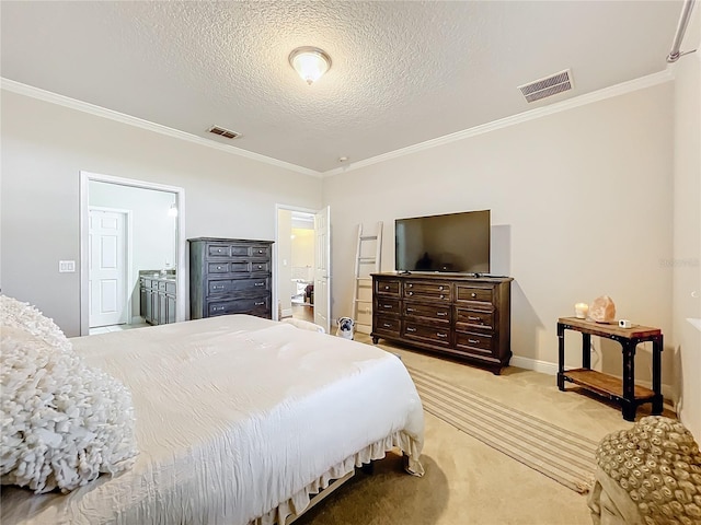 bedroom with visible vents, ornamental molding, a textured ceiling, and light colored carpet