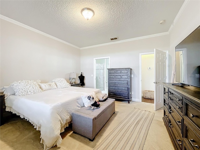 bedroom with light colored carpet, visible vents, crown molding, and a textured ceiling