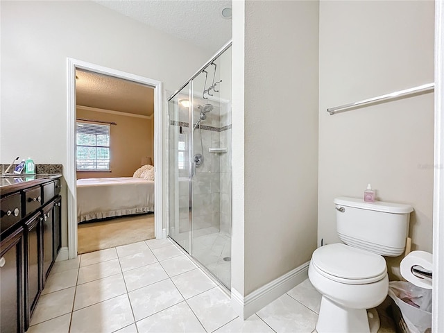 bathroom with toilet, connected bathroom, a shower stall, a textured ceiling, and tile patterned floors