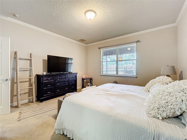 bedroom with light carpet, ornamental molding, a textured ceiling, and visible vents