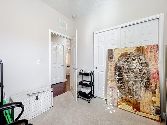 interior space featuring light carpet, a textured ceiling, and visible vents