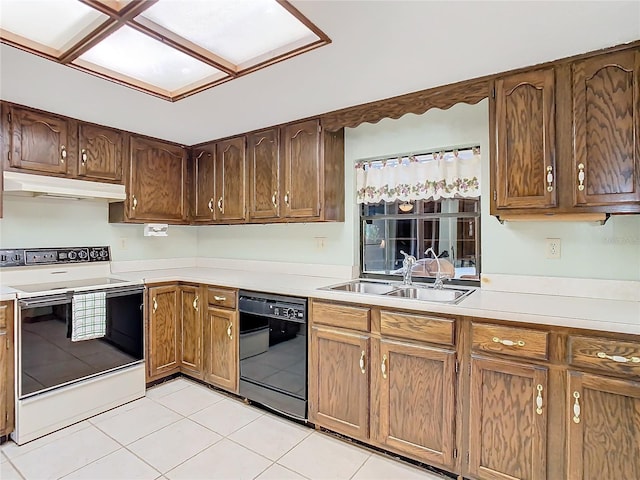 kitchen featuring sink, light tile patterned flooring, black dishwasher, and white range with electric cooktop