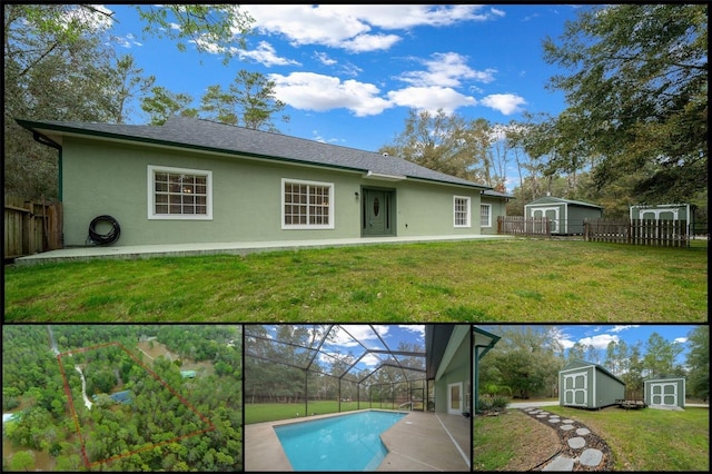 rear view of property featuring a patio, a lawn, and a storage shed