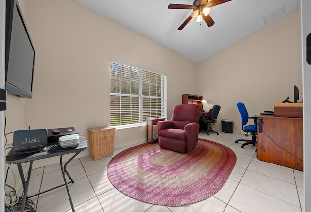 tiled office space with ceiling fan, lofted ceiling, and a wealth of natural light