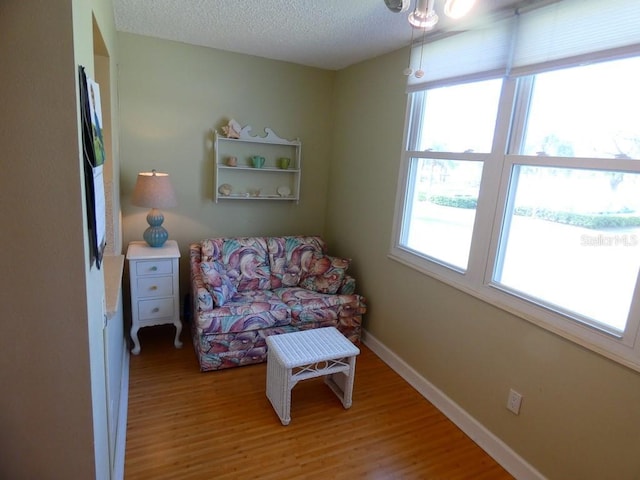 sitting room with a textured ceiling, light wood finished floors, and baseboards