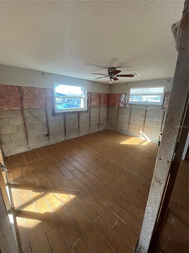 basement with a healthy amount of sunlight, dark hardwood / wood-style floors, and a textured ceiling