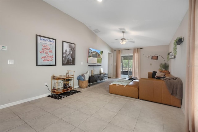 tiled living room featuring vaulted ceiling and ceiling fan