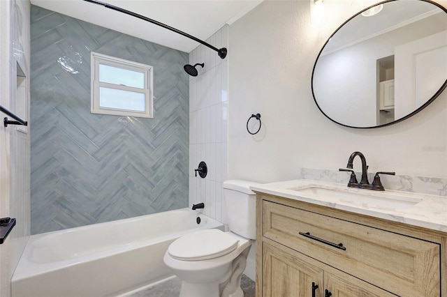 bathroom with toilet, ornamental molding, vanity, and washtub / shower combination
