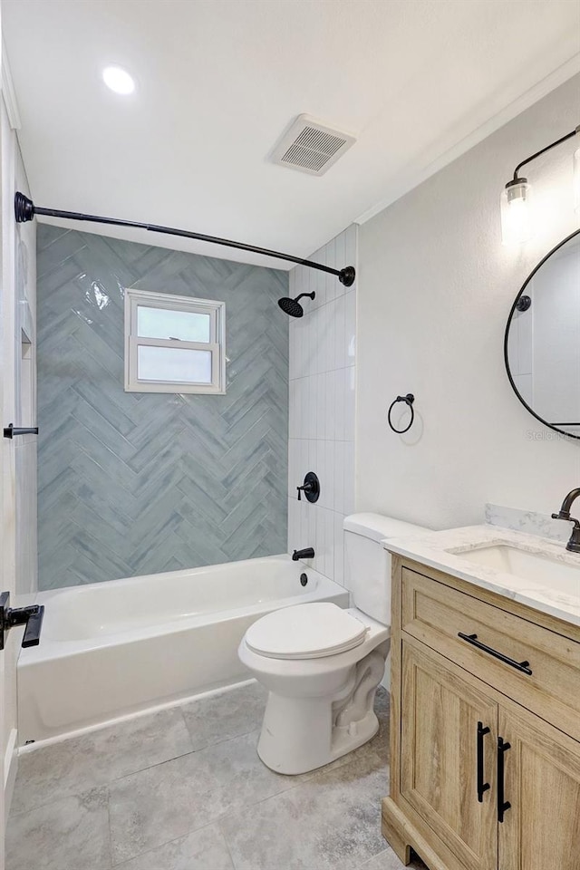 bathroom with vanity, visible vents, shower / tub combination, and toilet