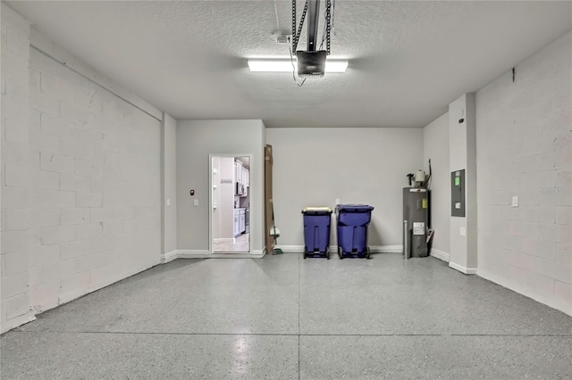 garage with water heater, a garage door opener, and electric panel