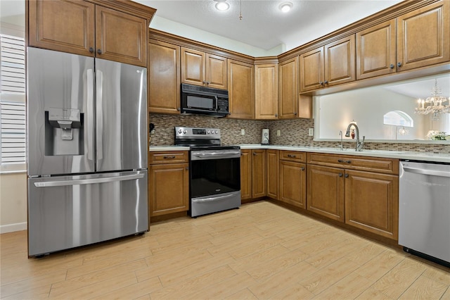 kitchen featuring backsplash, sink, stainless steel appliances, and light hardwood / wood-style floors