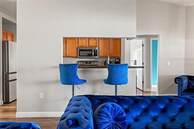 kitchen with hardwood / wood-style flooring, appliances with stainless steel finishes, and a towering ceiling