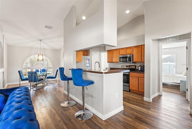 kitchen featuring appliances with stainless steel finishes, a breakfast bar, pendant lighting, sink, and dark wood-type flooring