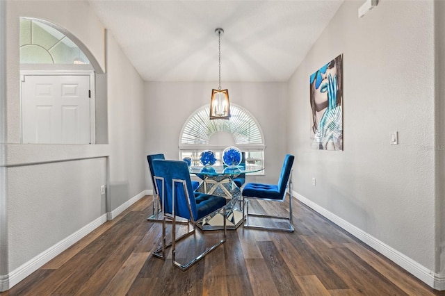 dining room with lofted ceiling and dark wood-type flooring