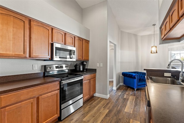 kitchen with pendant lighting, sink, dark hardwood / wood-style flooring, and appliances with stainless steel finishes