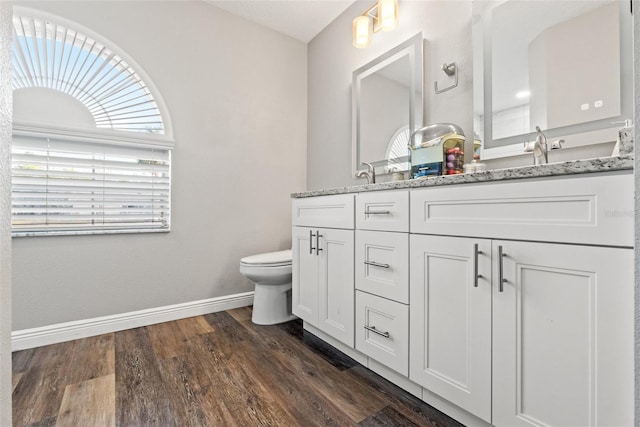 bathroom featuring vanity, wood-type flooring, and toilet