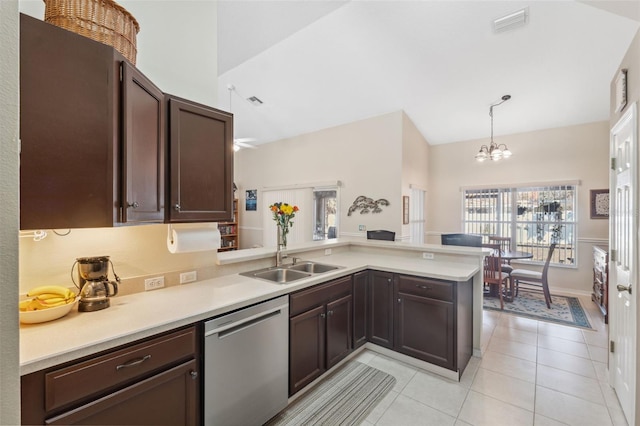 kitchen with sink, dishwasher, decorative light fixtures, kitchen peninsula, and a chandelier