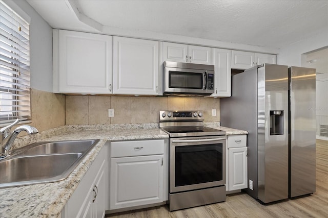 kitchen featuring appliances with stainless steel finishes, tasteful backsplash, white cabinetry, sink, and light wood-type flooring