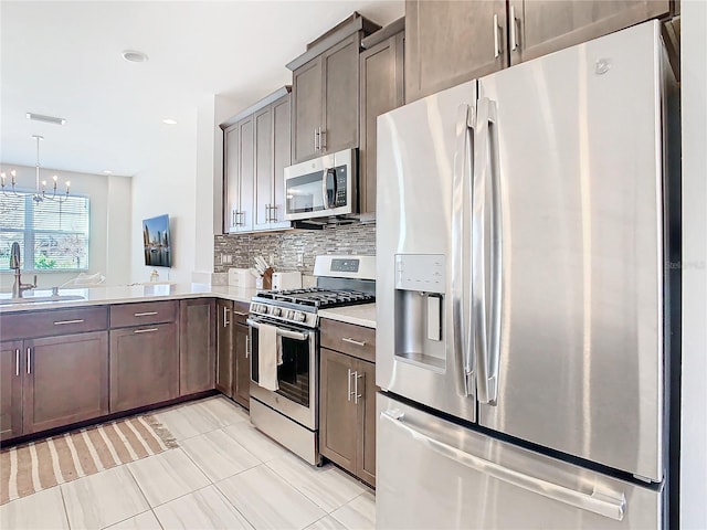 kitchen with sink, hanging light fixtures, kitchen peninsula, stainless steel appliances, and decorative backsplash