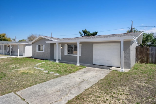 single story home with stucco siding, a front yard, fence, a garage, and driveway