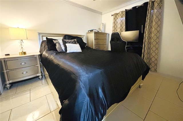 bedroom featuring crown molding and tile patterned flooring