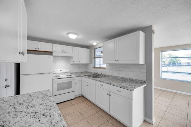 kitchen featuring tasteful backsplash, sink, white cabinets, and white appliances