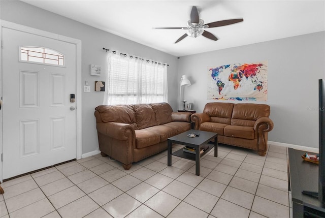 living room with light tile patterned flooring and ceiling fan