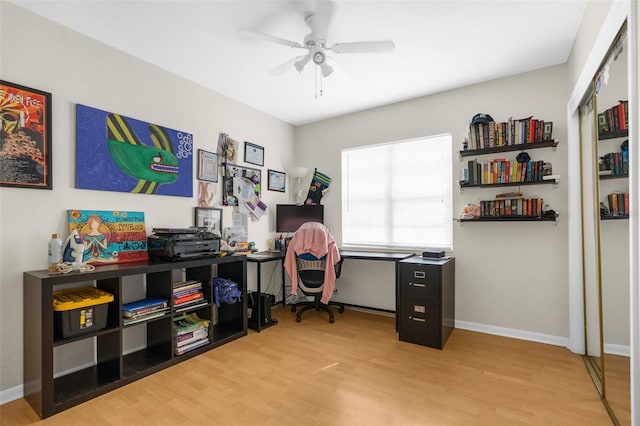 home office featuring ceiling fan and light hardwood / wood-style floors