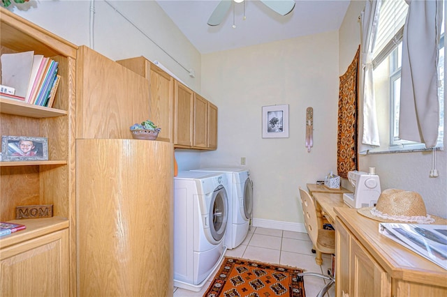 6801 Nowiki Ave, Hudson, FL 34667 - washroom featuring a ceiling fan, washer and clothes dryer, light tile patterned floors, cabinet space, and baseboards