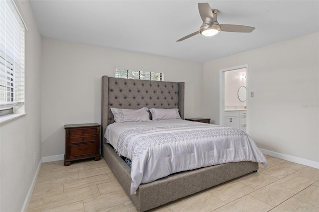 bedroom featuring connected bathroom and ceiling fan