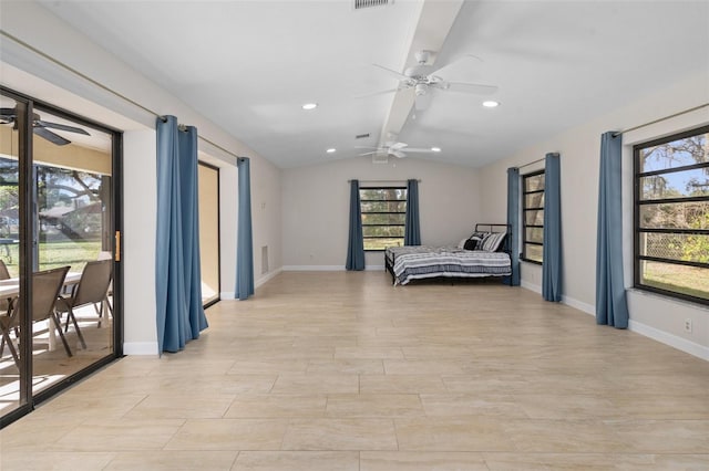 bedroom with ceiling fan, vaulted ceiling, light hardwood / wood-style flooring, and access to outside