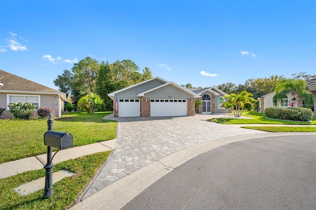 ranch-style home featuring a garage and a front yard