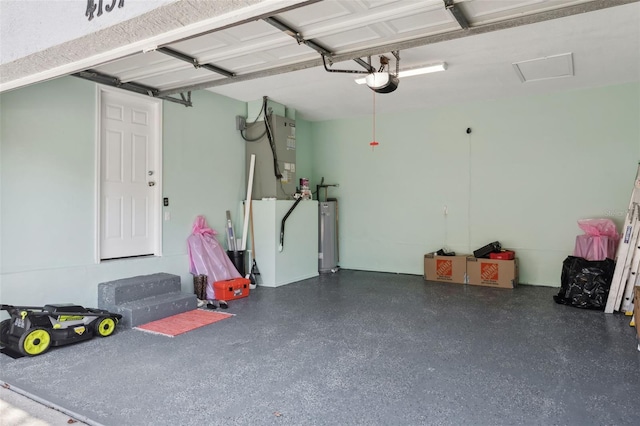 garage featuring heating unit, a garage door opener, and water heater