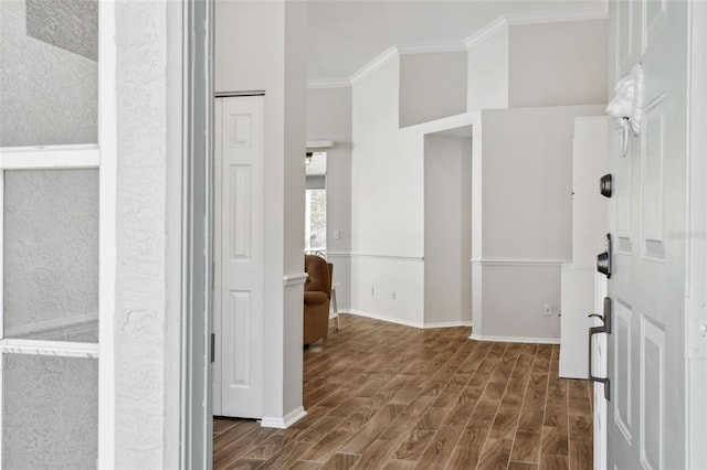 hall featuring a high ceiling, crown molding, and dark hardwood / wood-style flooring