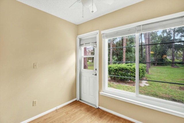 doorway with ceiling fan and light hardwood / wood-style floors