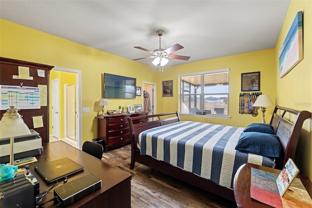 bedroom featuring a ceiling fan and wood finished floors