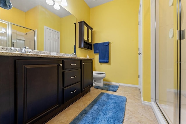 full bath featuring a shower stall, toilet, and baseboards