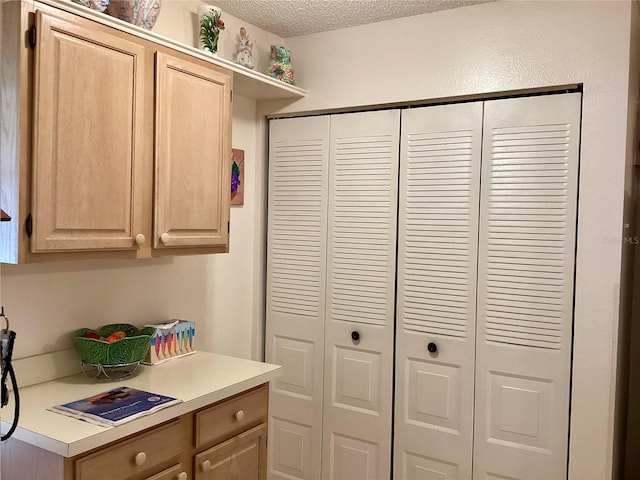 kitchen with light countertops, light brown cabinetry, and a textured ceiling