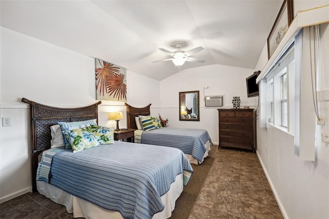 bedroom with ceiling fan, lofted ceiling, and a wall unit AC